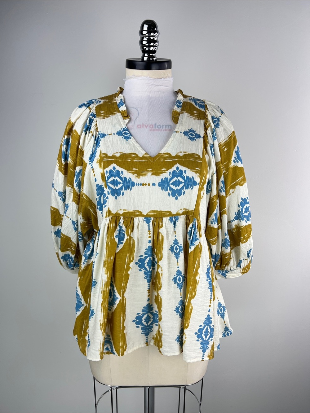💚 3784. Boho V-Neck Puff Sleeve Blouse in Mustard & Blue